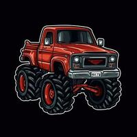 Red Monster Truck Sticker Graphic with White Border Outline on Black Background photo