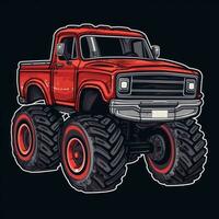 Red Monster Truck Sticker Graphic with White Border Outline on Black Background Generative AI photo