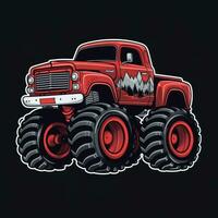 Red Monster Truck Sticker Graphic with White Border Outline and Black Background Generative AI photo