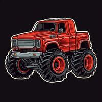 Red Monster Truck Sticker Graphic with White Border Outline and Black Background Generative AI photo