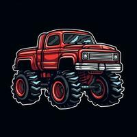 Red Monster Truck Sticker Graphic with White Border Outline on Black Background Generative AI photo