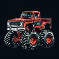 Red Monster Truck Sticker Graphic with White Border Outline on Black Background photo