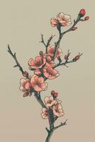 Boho Style Cherry Blossom Branch Drawing with Retro Mood Generative AI photo