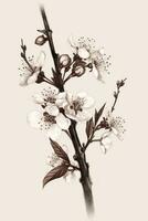 Boho Style Cherry Blossom Branch Drawing with Retro Mood photo