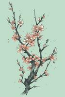 Boho Style Cherry Blossom Branch Drawing with Retro Mood Generative AI photo