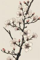 Boho Style Cherry Blossom Branch Drawing with Retro Mood Generative AI photo