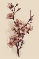 Boho Style Cherry Blossom Branch Drawing with Retro Mood Generative AI photo