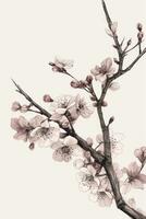 Boho Style Cherry Blossom Branch Drawing with Retro Mood Generative AI photo