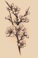 Boho Style Cherry Blossom Branch Drawing with Retro Mood Generative AI photo