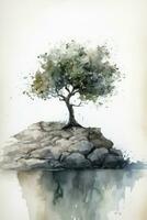 Lonely Olive Tree on Rocky Beach A Minimalistic Watercolor Painting Generative AI photo