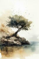 solitario aceituna árbol en rocoso playa un minimalista acuarela pintura generativo ai foto