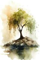 Lonely Willow Tree on Rocky Beach A Minimalistic Watercolor Painting photo