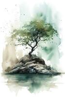 Lonely Willow Tree on Rocky Beach A Minimalistic Watercolor Painting Generative AI photo