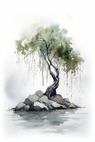 Lonely Willow Tree on Rocky Beach in Watercolor Style Painting Generative AI photo