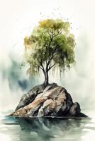 Lonely Willow Tree on Rocky Beach A Minimalistic Watercolor Painting Generative AI photo