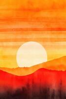 Orange Retro Sunset Abstract Watercolor Painting Generative AI photo