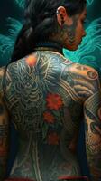 Colorful Traditional Tattoo Design on a Womans Back photo