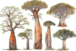 HandDrawn Watercolor Baobab Trees Collection Forest Pack of Baobab Trees Generative AI photo