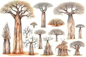 HandDrawn Watercolor Baobab Trees Collection A Forest of Baobab Trees Generative AI photo