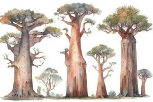HandDrawn Watercolor Baobab Trees Collection Forest Pack of Baobab Trees Generative AI photo