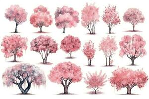 Cherry Blossom Trees Watercolor Collection HandDrawn Set for Spring Designs Generative AI photo