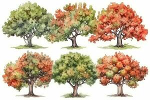 HandDrawn Watercolor Collection of Hawthorn Trees in a Forest Generative AI photo