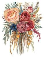 Vibrant Watercolor Illustration of an Elegant Boho Wedding Bouquet photo