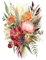 Vibrant Watercolor Illustration of an Elegant Boho Wedding Bouquet photo