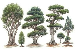 HandDrawn Watercolor Juniper Trees Collection Forest Pack 1 Generative AI photo