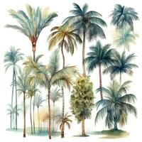 Tropical Paradise HandDrawn Watercolor Palm Trees Collection Generative AI photo