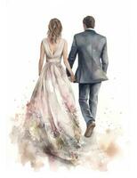 Sweet Watercolor Portrait of a Bride and Groom Walking Away Generative AI photo