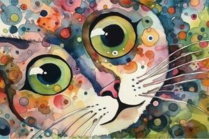 Whimsical Watercolor Painting of a Cat with Big Googly Eyes photo