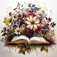 Open Book Surrounded by Gothic Flowers Watercolor Clipart AI Generated photo