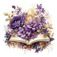 Open Book Surrounded by Gothic Flowers  Watercolor Clipart AI Generated photo