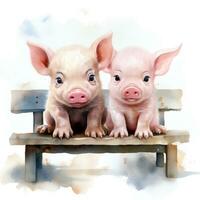 Cute and Fluffy Baby Pigs Sitting on a Bench  Watercolor Clipart AI Generated photo