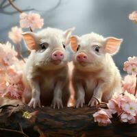 Cute Fluffy Baby Pigs with Minimalist Flowers AI Generated photo