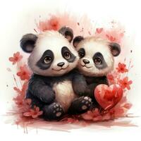 Cute Fluffy Pandas in Love  Disney Style Clipart on White Background AI Generated photo