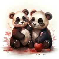 Cute Fluffy Pandas in Love  Disney Style Clipart on White Background AI Generated photo