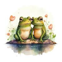 Watercolor Frogs in Love Clipart on White Background AI Generated photo