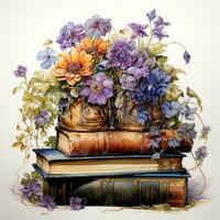 Magical Book Stack with Flowers and Watercolor Clipart AI Generated photo