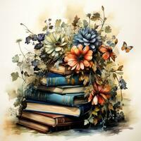 Stacked Books Surrounded by Gothic Flowers and Butterflies AI Generated photo