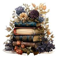 Stacked Books Surrounded by Gothic Flowers and Game of Thrones Style Items AI Generated photo