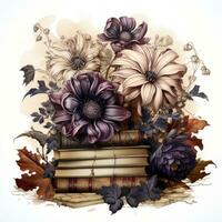 Stacked Books Surrounded by Gothic Flowers Watercolor Clipart AI Generated photo