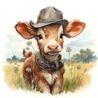 Adorable Highland Baby Cow Wearing Cowboy Hat and Bandana AI Generated photo