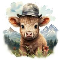 Adorable Highland Baby Cow Wearing Cowboy Hat and Bandana AI Generated photo
