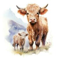 Baby Cow and Mother in Scottish Mountains Watercolor Clipart AI Generated photo