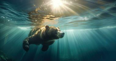Bear Swimming Underwater with Sunlight AI Generated photo