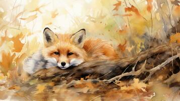 Cozy Fox Taking a Nap on a Colorful Carpet of Fallen Leaves AI Generated photo