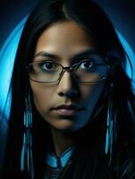 nativo americano mujer con fuerte contraste ai generado foto
