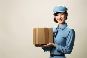 Vintagestyle Asian Female Delivery Worker with a Box AI Generated photo